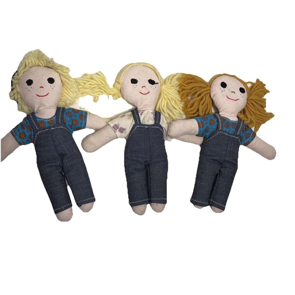 Handmade Rag Doll Set of 3 Primitive Cloth Dolls Yarn Hair Farmhouse Decor